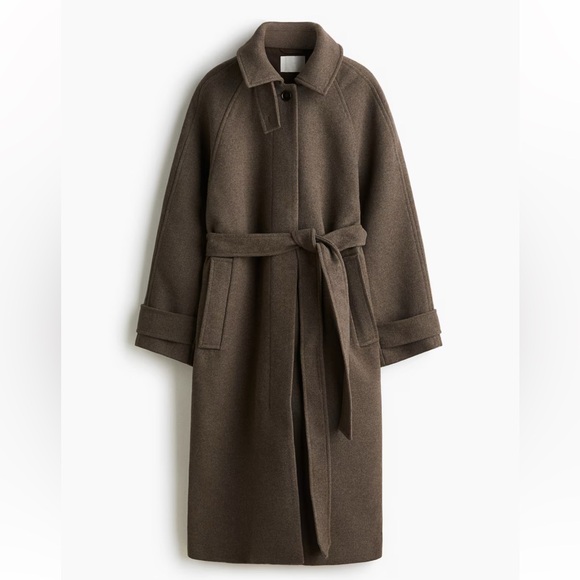 H&M Tie-Belt Felt Long Coat Dusty Brown NWT - Picture 7 of 8